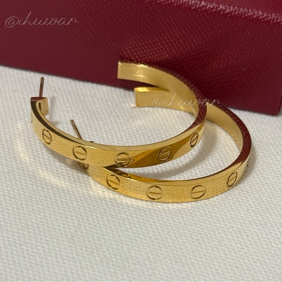 Gold Screw Design Hoop Earrings - Picture 3 of 5